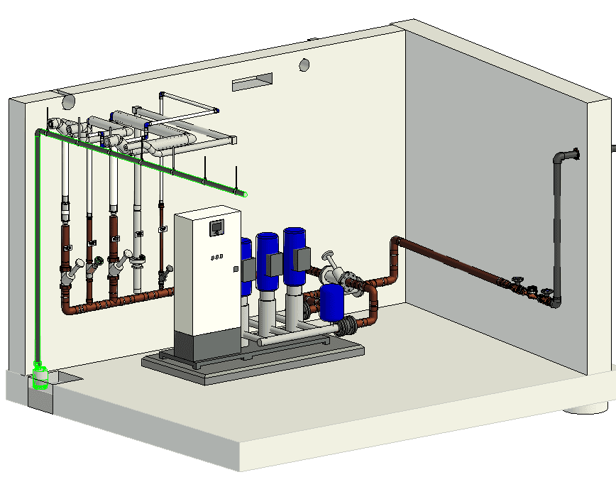 BIM-model van een hydrofoorruimte met pompen, leidingwerk en een besturingskast