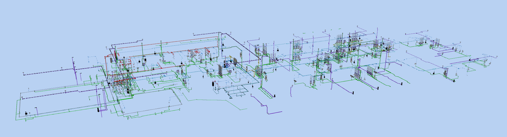 Breed BIM-overzicht KINEO met leidingtracés en installatieonderdelen in verschillende kleuren