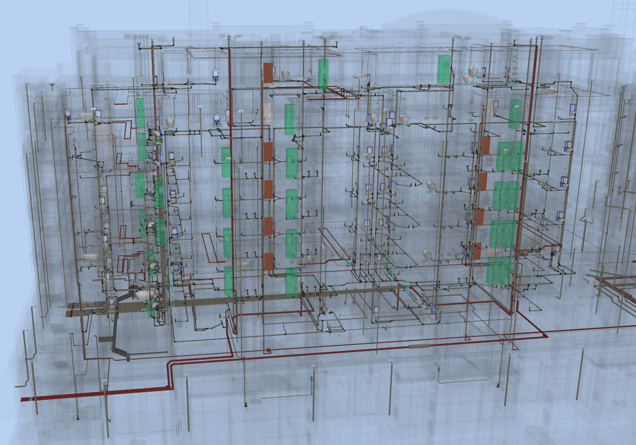 BIM-model Residence van Oranje, gebouw 2, met sanitaire installaties en leidingwerk over meerdere verdiepingen