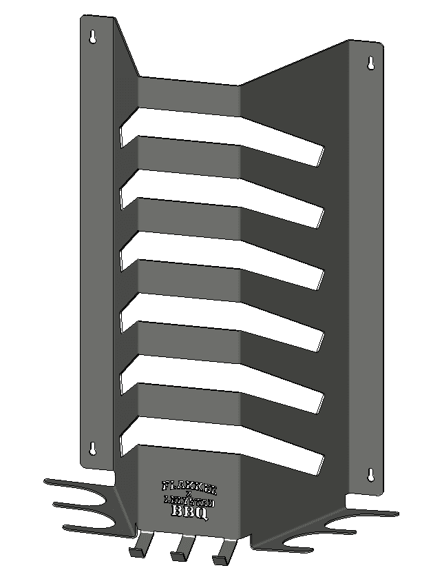 Ontwerp van de BBQ-accessoirehouder met schuine sleuven, haken en het logo Flakkee x Lelystad BBQ